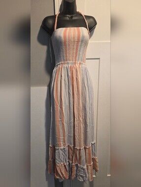 Miss Avenue Peach & White Striped Smocked Halter Maxi Dress